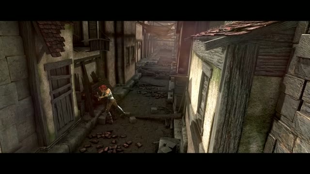 Sintel in a narrow stone alley