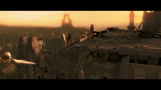 Sintel crossing city rooftops in golden light